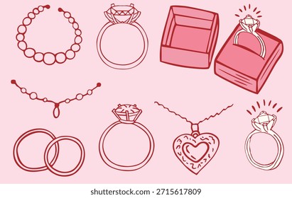 Vector illustration set of hand drawn jewelry including diamond rings, necklaces, and gift boxes. Cute pink doodle style for weddings, luxury branding, and engagement designs.