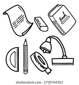 Ilustração vetorial de um conjunto de escola estilo doodle desenhado à mão e papelaria de escritório