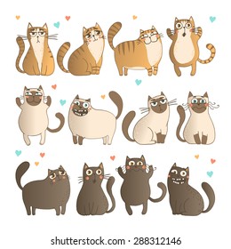 Vector Illustration. Set of hand drawn cats isolated on white background.