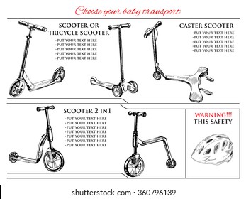 Vector illustration of  set hand drawn different types Kick scooters  and balance bike. Hand drawn template