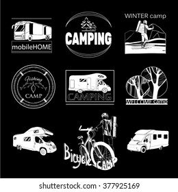 vector illustration of set of hand drawn camp labels and logo graphics, stamp, print, icon on black background.