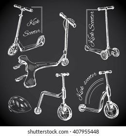 Vector illustration of set hand drawn labels with Kick scooters. Chalk board logos