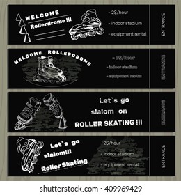  Vector illustration of set hand drawn tickets, chalk board template on Rollerdrome with Roller Skate, roller blades on chalk board background. Urban sport