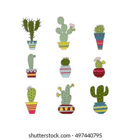Vector illustration of a set of hand drawn cactus.