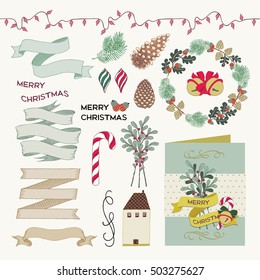 Vector illustration set of hand drawn decoration for A Happy New Year and Merry Christmas card and scrapbook.