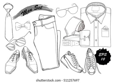 Vector illustration of Set Hand drawn, doodle coordination folded shirt, tie, trousers, shoes, spectacles and belt. Men set on wood background. Template for brochure, journal, flayer