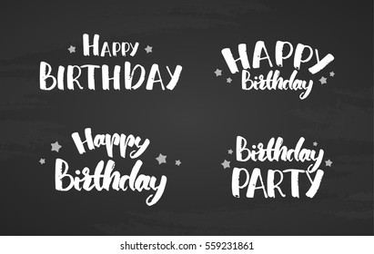 Vector illustration: Set of hand drawn lettering quotes of Happy Birthday on on blackboard background. Greeting cards.
