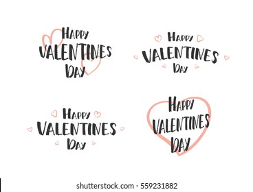 Vector illustration: Set of hand drawn lettering quotes of Happy Valentine's Day with doodle hearts. Greeting cards.