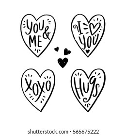 Vector illustration, set of hand drawn hearts with hand written lettering. I love you, You and Me, Hugs, Xo Xo lettering. 