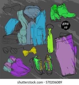 Vector illustration Set of Hand drawn clothes for man.Sketch. Doodle coordination Line folded shirt, tie, trousers, shoes, spectacles and belt.Drawing objects.Template for brochure, journal, flayer