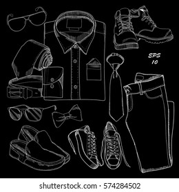 Vector illustration Set of Hand drawn clothes for man. Doodle coordination Line folded shirt, tie, trousers, shoes, spectacles and belt on black background .Template for brochure, journal, flayer