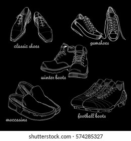 Vector illustration of Set hand drawn graphic Men Footwear on black background. Casual and sport style, gumshoes for man. Shoes for all seasons. Doodle Design isolated object for logo.