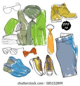 Vector illustration Set of Hand drawn clothes for man. Doodle coordination Line folded shirt, tie, trousers, shoes, spectacles and belt on white background .Template for brochure, journal, flayer