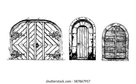 Vector illustration set of hand drawn middle age vintage doors. Black and white, isolated on white. 