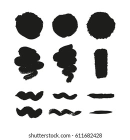 Vector illustration, set of hand drawn ink spots, brush strokes. Grunge design elements, isolated.