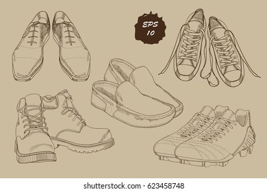 Vector illustration of Set hand drawn graphic Men Footwear. Casual and sport style, gumshoes for man. Shoes for all seasons. Retro and vintage style. Doodle, drawing Design isolated object for logo.