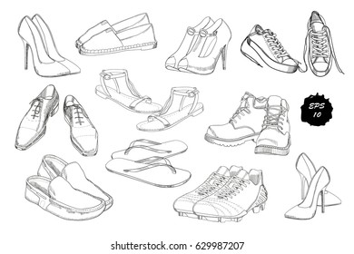 Vector illustration of Set hand drawn graphic Men and women Footwear, shoes. Casual and sport style, gumshoes. Moccasins, sneakers, boots, pumps. Doodle, drawing Design isolated object.