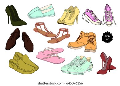 Vector illustration of Set hand drawn graphic Men and women Footwear, shoes. Casual and sport style, gumshoes for all seasons.Moccasins, sneakers, boots, pumps. Doodle, drawing Design isolated object.