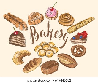 Vector illustration, set of hand drawn outlines of bakery products with abstract multicolored fill, lettering Bakery