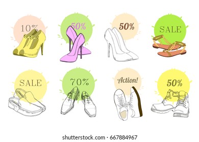 Vector illustration of Set hand drawn graphic Man and Women Footwear, shoes for store discount. Casual and sport style, gumshoes Shoes for all seasons. Moccasins, sneakers, boots, pumps. Doodle, drawn