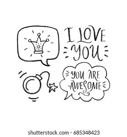 Vector illustration, set of hand drawn romantic phrases and symbols. Valentine's day design element.