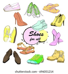 Vector illustration of Set hand drawn graphic Man and Women Footwear, shoes for store discount. Casual and sport style, gumshoes Shoes for all seasons. Moccasins, sneakers, boots, pumps. Doodle, drawn