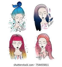 Vector illustration. Set of a hand drawn girls portraits, faces with different kinds hair colors and hairstyle. Cartoon young womens with dyed hair and ink splashes.