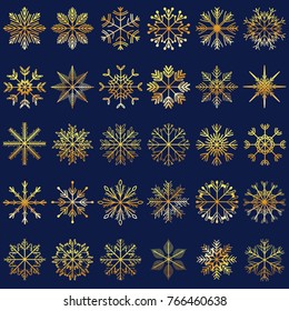Vector illustration set of hand drawn golden snowflakes as Christmas holiday decorating elements isolated on dark blue background 