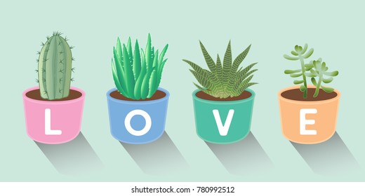 Vector illustration set of hand drawn cacti and succulents growing in colorful pots. Vector cacti in Valentine's day concept.