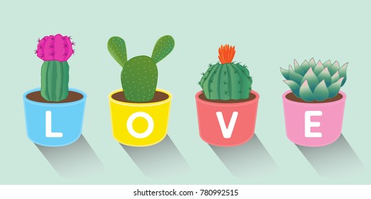 Vector illustration set of hand drawn cacti and succulents growing in colorful pots. Vector cacti in Valentine's day concept.