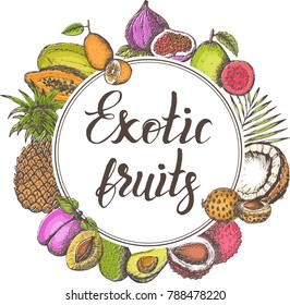 Vector illustration, set of hand drawn colorful exotic fruits with inscription
