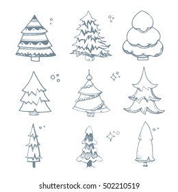 Vector illustration set of hand drown Fir trees from diffrent shapes. Christmas doodles. New Year fir trees isolate on white background