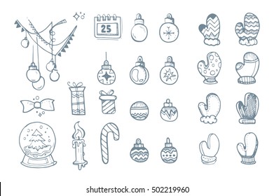 Vector illustration set of hand drown ellements for Christmas and New Year winter Holidays. Icon doodles set isolate on white background