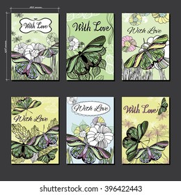 Vector illustration of set hand Floral card a6 with butterfly. Hand drawn graphic line card With Love.