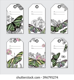 Vector illustration of set hand Floral gift tags with butterfly. Hand drawn graphic line card With Love.