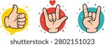 Vector illustration set of hand gestures icons, including thumbs up, I love you sign, and rock and roll sign, isolated on white background.