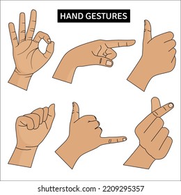 Vector illustration set  of hand gestures. hands showing thumbs up, pointing, call, love, ok. various symbols for sign language communication.