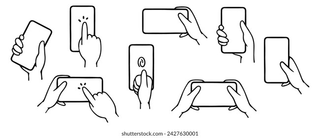 Vector illustration. Set of hand gestures expressions with, hands holding and touching to mobile phone, outline strokes, isolated elements.