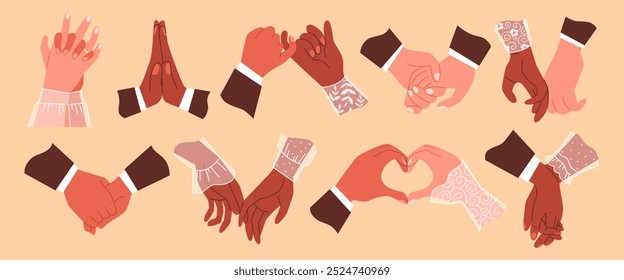 Vector illustration of a set of hand gestures. The hands of multi-ethnic couples are shown with male and female cuffs touching each other. Flat style on isolated background.