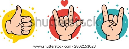 Vector illustration set of hand gestures icons, including thumbs up, I love you sign, and rock and roll sign, isolated on white background.