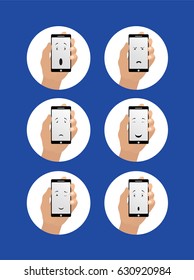a vector illustration set; a hand holding smart phone with different emotions - happy, sad, surprised, angry, winking device. Flat design. Great for mobile stores and ads.