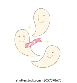Vector illustration. Set of handdraw ghosts and lettering boo for Halloween greeting card. Isolated, on white background. Сheerful ghost. Halloween characters. Happy Halloween!
