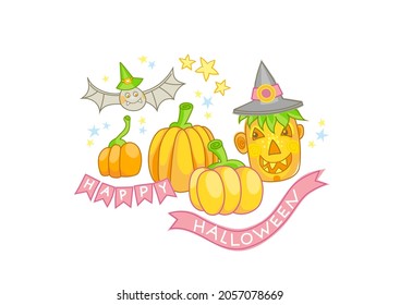 Vector illustration. Set of hand-draw pumpkins, fly bats, stars, Pumpkin Jack. Ripe juicy pumpkins, isolated, on white background. Сheerful smiling pumpkin. Halloween character. Happy Halloween!