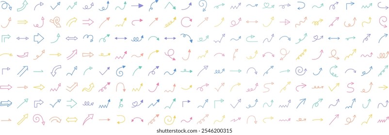 Vector illustration set of hand-drawn arrow icons. Direction, simple, arrow
