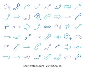 Vector illustration set of hand-drawn arrow icons. Direction, simple, arrow