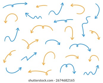 Ilustração vetorial de ícones de seta desenhados à mão. Direção, desenhada à mão, simples