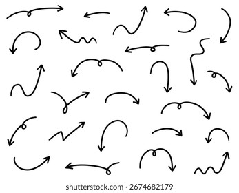 Conjunto de Ilustraciones vectoriales de iconos de flecha dibujados a mano. Dirección, dibujado a mano, simple