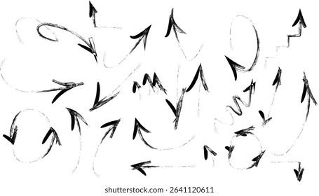 Vector illustration of a set of hand-drawn black arrows on a white background. This collection includes various arrow styles such as curved, straight, zigzag, looped, and spiral arrows in a doodle or 