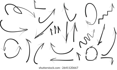 Vector illustration of a set of hand-drawn black arrows on a white background. This collection includes various arrow styles such as curved, straight, zigzag, looped, and spiral arrows in a doodle or 