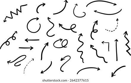 Vector illustration set of hand-drawn black arrows in various styles including curved, zigzag, and loops. Perfect for infographics, presentations, notes, and creative design elements. Doodle arrows.